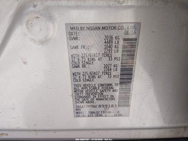 5N1AT2MT0GC899183 Nissan Rogue S/sl/sv