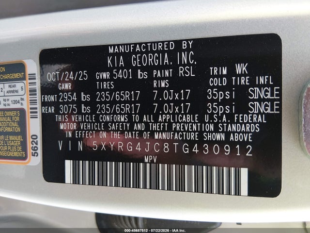 45687512 :رقم المزاد ، 5XYRG4JC8TG430912 vin ، 2026 Kia Sorento Lx مزاد بيع