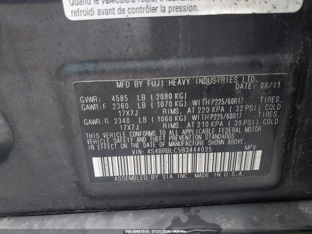 Aukcja sprzedaży 2011 Subaru Outback 2.5i Limited, vin: 4S4BRBLC5B3444035, numer aukcji: 45687515