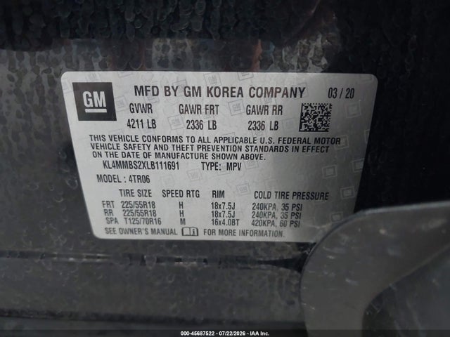45687522 :رقم المزاد ، KL4MMBS2XLB111691 vin ، 2020 Buick Encore Gx Fwd Preferred مزاد بيع