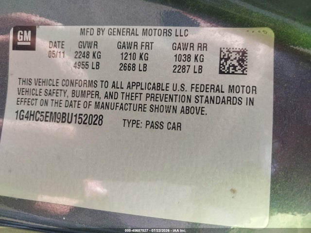 2011 Buick Lucerne Cxl მანქანა იყიდება აუქციონზე, vin: 1G4HC5EM9BU152028, აუქციონის ნომერი: 45687527