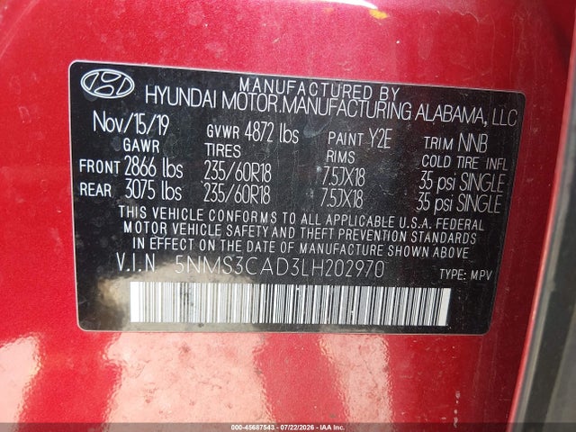 Aukcja sprzedaży 2020 Hyundai Santa Fe Sel, vin: 5NMS3CAD3LH202970, numer aukcji: 45687543