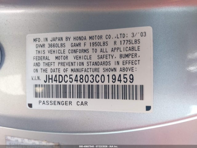 Aukcja sprzedaży 2003 Acura Rsx, vin: JH4DC54803C019459, numer aukcji: 45687545