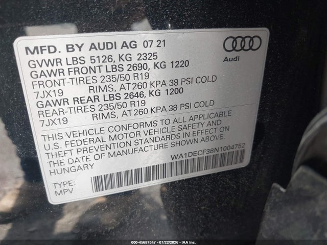 45687547 :رقم المزاد ، WA1DECF38N1004752 vin ، 2022 Audi Q3 Premium 45 Tfsi S Line Quattro Tiptronic مزاد بيع
