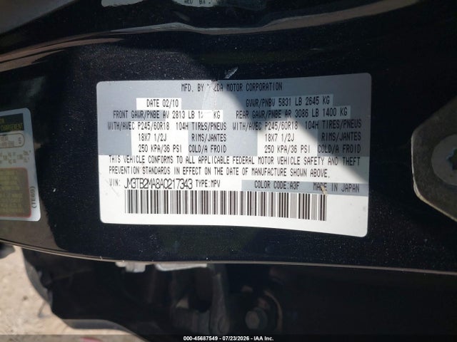 45687549 :رقم المزاد ، JM3TB2MA8A0217343 vin ، 2010 Mazda Cx-9 Touring مزاد بيع