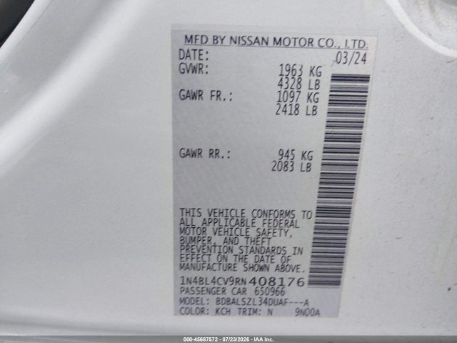 45687572 :رقم المزاد ، 1N4BL4CV9RN408176 vin ، 2024 Nissan Altima Sr Fwd مزاد بيع