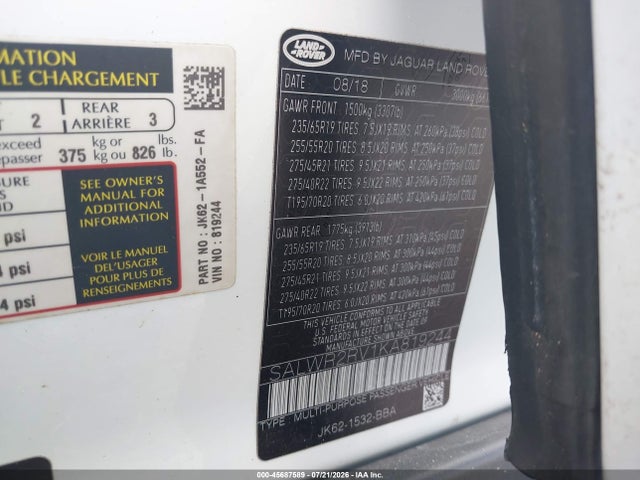 Продаж на аукціоні авто 2019 Land Rover Range Rover Sport Hse, vin: SALWR2RV1KA819244, номер лоту: 45687589