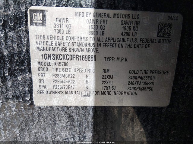 1GNSKCKC0FR169880 Chevrolet Tahoe Ltz