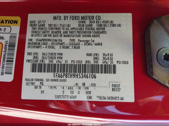 45687611 :رقم المزاد ، 1FA6P8TH9H5346106 vin ، 2017 Ford Mustang Ecoboost مزاد بيع