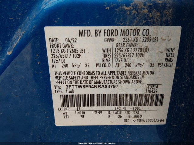Aukcja sprzedaży 2022 Ford Maverick Xlt, vin: 3FTTW8F94NRA84797, numer aukcji: 45687626
