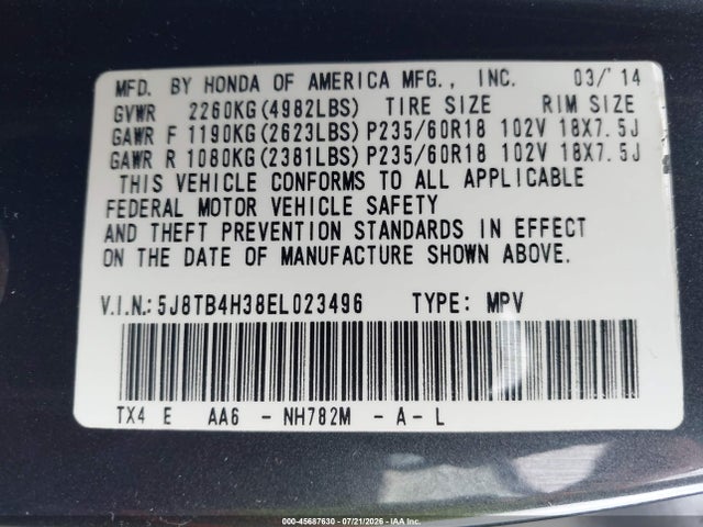 45687630 :رقم المزاد ، 5J8TB4H38EL023496 vin ، 2014 Acura Rdx مزاد بيع