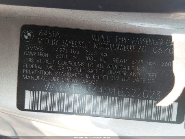 2004 Bmw 645ci მანქანა იყიდება აუქციონზე, vin: WBAEK73404B322023, აუქციონის ნომერი: 45687640