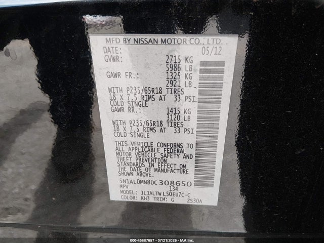 45687657 :رقم المزاد ، 5N1AL0MN8DC308650 vin ، 2013 Infiniti Jx35 مزاد بيع
