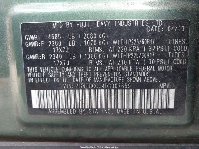 45687662 :رقم المزاد ، 4S4BRCCC4D3307659 vin ، 2013 Subaru Outback 2.5i Premium مزاد بيع