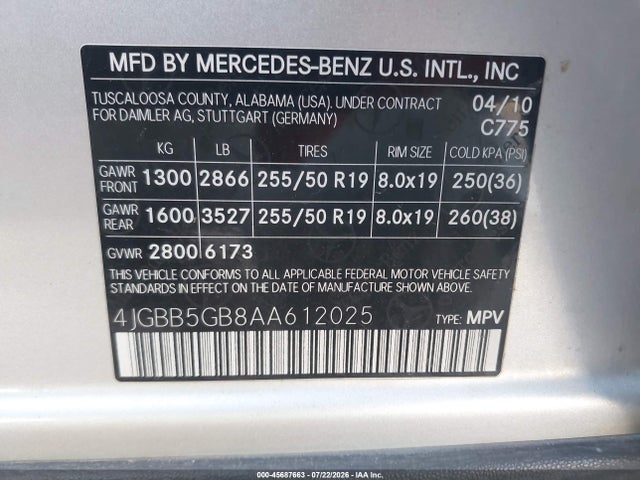 2010 Mercedes-benz Ml 350 მანქანა იყიდება აუქციონზე, vin: 4JGBB5GB8AA612025, აუქციონის ნომერი: 45687663