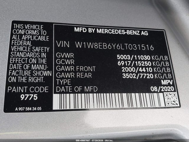 45687687 :رقم المزاد ، W1W8EB6Y6LT031516 vin ، 2020 Mercedes-benz Sprinter 3500xd Standard Roof V6 مزاد بيع
