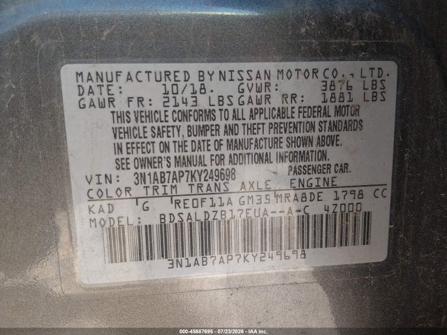 Aukcja sprzedaży 2019 Nissan Sentra Sv, vin: 3N1AB7AP7KY249698, numer aukcji: 45687695