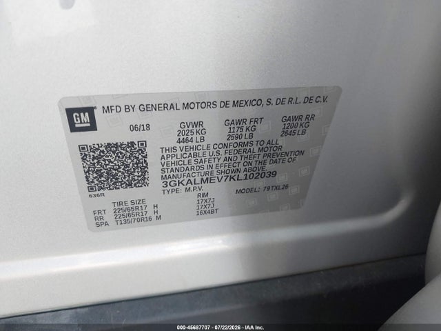 45687707 :رقم المزاد ، 3GKALMEV7KL102039 vin ، 2019 Gmc Terrain Sle مزاد بيع