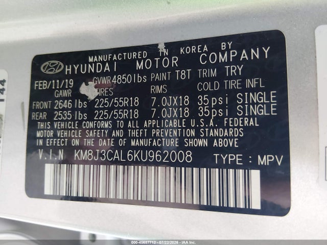 2019 Hyundai Tucson Ultimate მანქანა იყიდება აუქციონზე, vin: KM8J3CAL6KU962008, აუქციონის ნომერი: 45687712