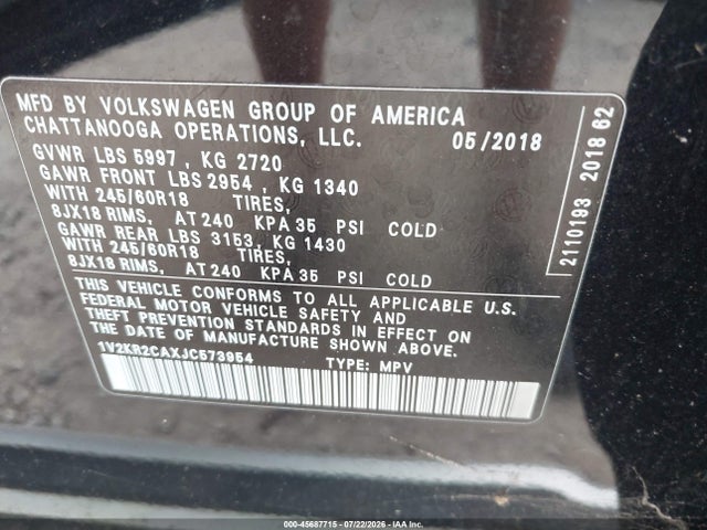1V2KR2CAXJC573954 Volkswagen Atlas 3.6l V6 Se