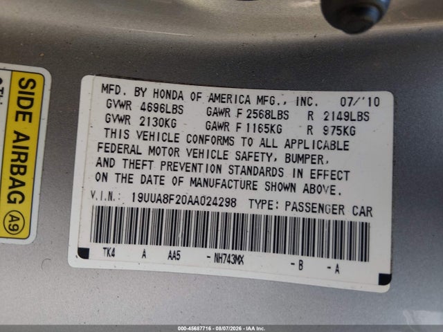 Продаж на аукціоні авто 2010 Acura Tl 3.5, vin: 19UUA8F20AA024298, номер лоту: 45687716