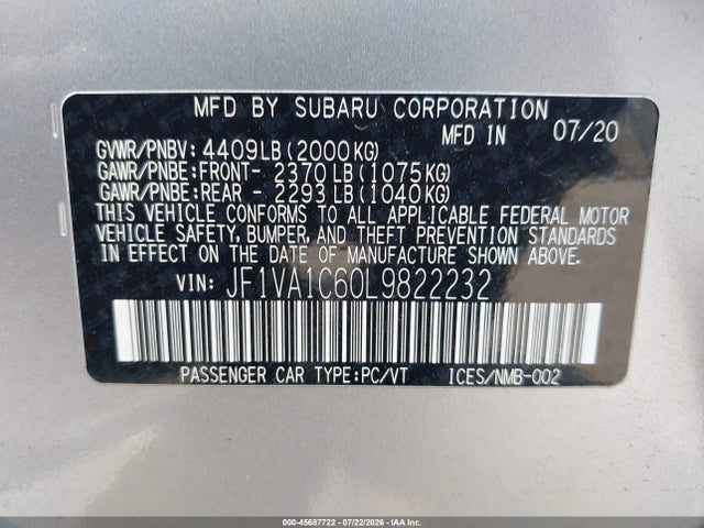 45687722 :رقم المزاد ، JF1VA1C60L9822232 vin ، 2020 Subaru Wrx Premium مزاد بيع