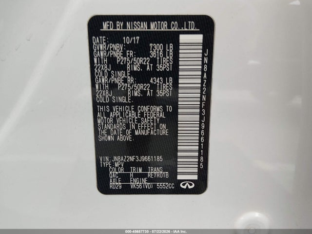 45687730 :رقم المزاد ، JN8AZ2NF3J9661185 vin ، 2018 Infiniti Qx80 مزاد بيع