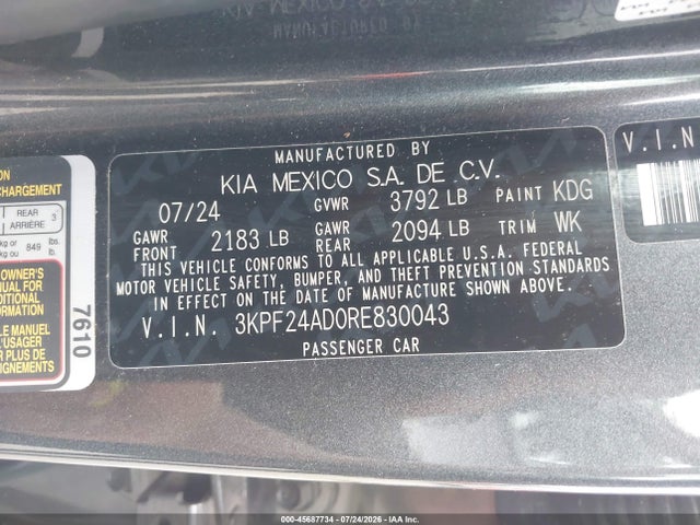 2024 Kia Forte Lxs მანქანა იყიდება აუქციონზე, vin: 3KPF24AD0RE830043, აუქციონის ნომერი: 45687734