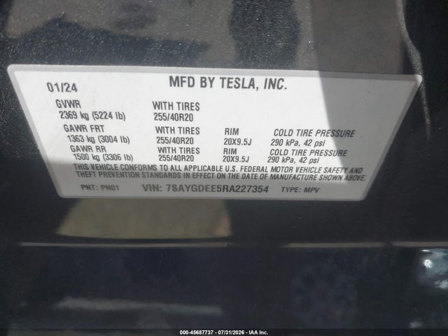 45687737 :رقم المزاد ، 7SAYGDEE5RA227354 vin ، 2024 Tesla Model Y Long Range Dual Motor All-wheel Drive مزاد بيع