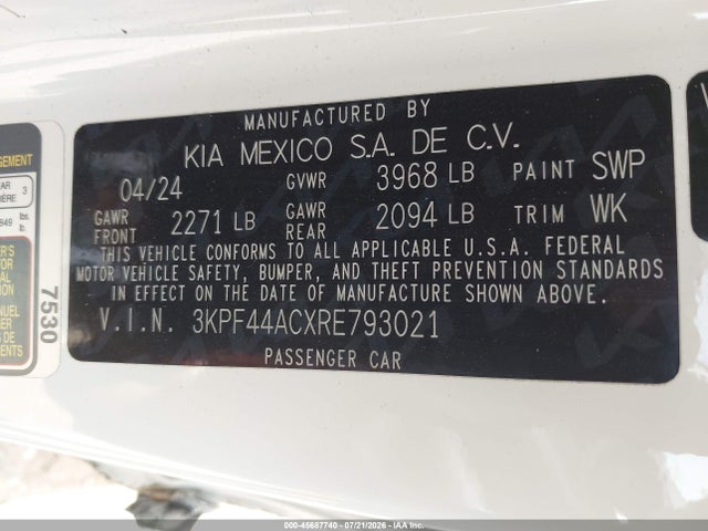 2024 Kia Forte Gt მანქანა იყიდება აუქციონზე, vin: 3KPF44ACXRE793021, აუქციონის ნომერი: 45687740