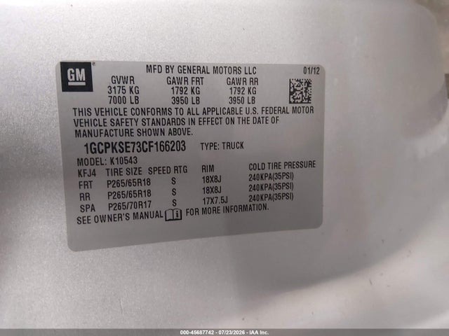 Продаж на аукціоні авто 2012 Chevrolet Silverado 1500 Lt, vin: 1GCPKSE73CF166203, номер лоту: 45687742