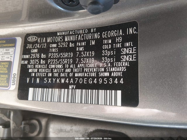 KIA SORENTO SX 2014 5XYKW4A70EG495344 Image 9