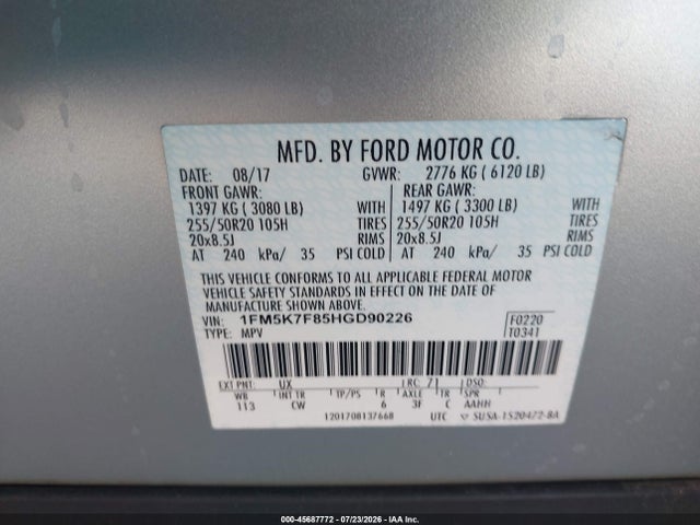Ford Explorer Limited 2017 1FM5K7F85HGD90226 Image 9
