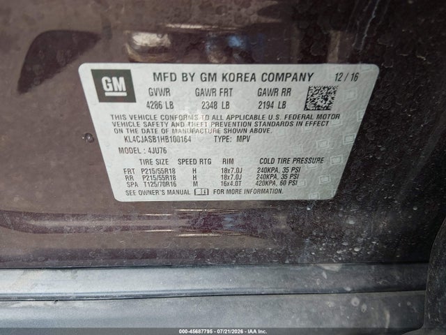 45687795 :رقم المزاد ، KL4CJASB1HB100164 vin ، 2017 Buick Encore Preferred مزاد بيع