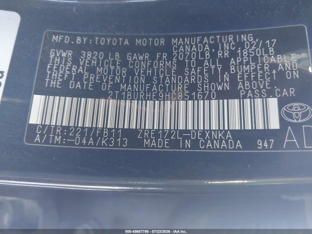 Toyota COROLLA LE 2017 2T1BURHE9HC851670 Image 9