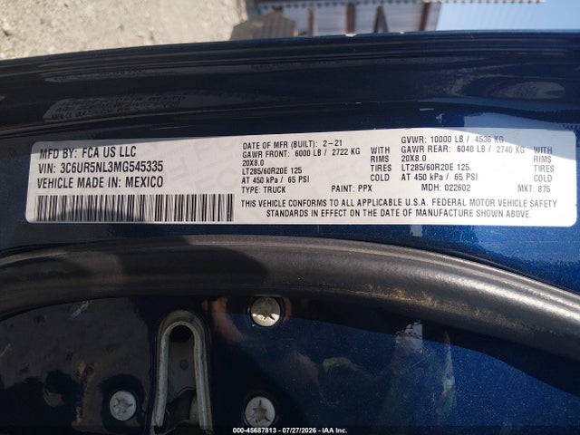 45687813 :رقم المزاد ، 3C6UR5NL3MG545335 vin ، 2021 Ram 2500 Laramie  4x4 6'4 Box مزاد بيع