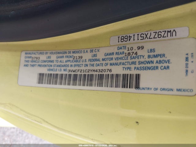 Продажа на аукционе авто 2000 Volkswagen New Beetle Gls Tdi, vin: 3VWCF21C2YM432076, номер лота: 45687815