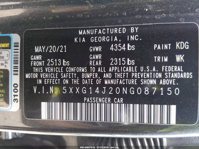 Продаж на аукціоні авто 2022 Kia K5 Lxs, vin: 5XXG14J20NG087150, номер лоту: 45687816