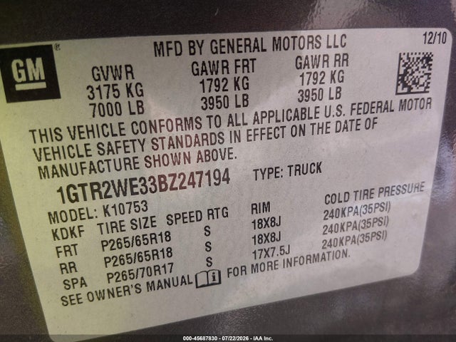 Aukcja sprzedaży 2011 Gmc Sierra 1500 Slt, vin: 1GTR2WE33BZ247194, numer aukcji: 45687830