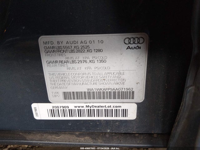 45687853 :رقم المزاد ، WA1WKAFP9AA071962 vin ، 2010 Audi Q5 3.2 Premium مزاد بيع