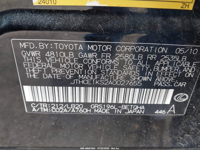 Продаж на аукціоні авто 2010 Lexus Gs 350, vin: JTHCE1KS2A0027655, номер лоту: 45687854