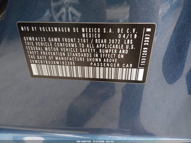 45687855 :رقم المزاد ، 3VWCB7BU3KM182385 vin ، 2019 Volkswagen Jetta 1.4t R-line/1.4t S/1.4t Se مزاد بيع