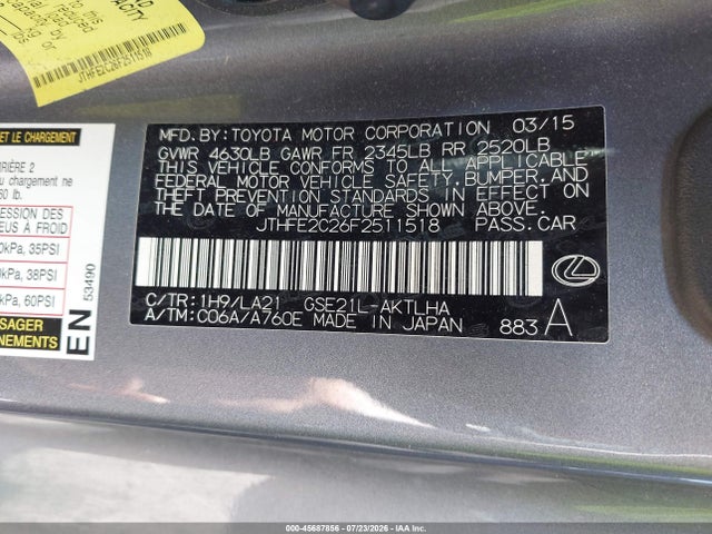 45687856 :رقم المزاد ، JTHFE2C26F2511518 vin ، 2015 Lexus Is 350c مزاد بيع