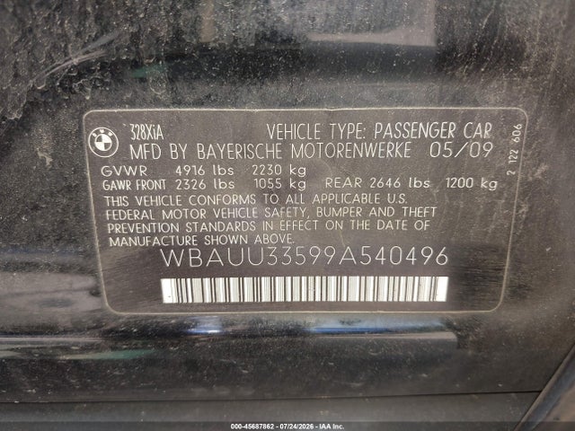 2009 Bmw 328i Xdrive მანქანა იყიდება აუქციონზე, vin: WBAUU33599A540496, აუქციონის ნომერი: 45687862