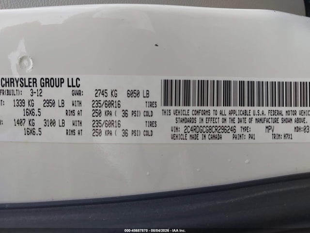 Продажа на аукционе авто 2012 Dodge Grand Caravan Sxt, vin: 2C4RDGCG8CR296246, номер лота: 45687870
