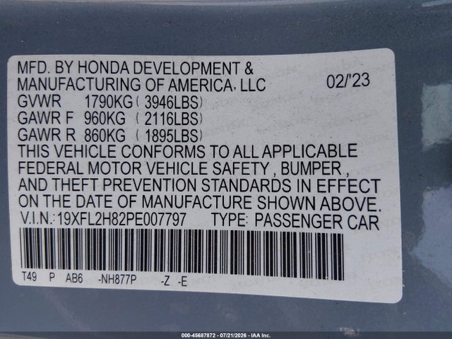 Продажа на аукционе авто 2023 Honda Civic Sport, vin: 19XFL2H82PE007797, номер лота: 45687872