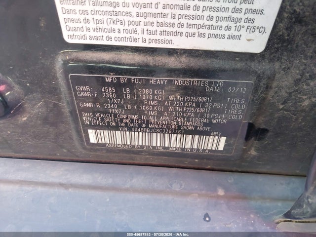 45687883 :رقم المزاد ، 4S4BRBJC8C3267761 vin ، 2012 Subaru Outback 2.5i Limited مزاد بيع