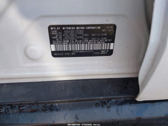 2016 Mitsubishi Outlander Sport 2.4 Se მანქანა იყიდება აუქციონზე, vin: JA4AR3AWXGZ052010, აუქციონის ნომერი: 45687884