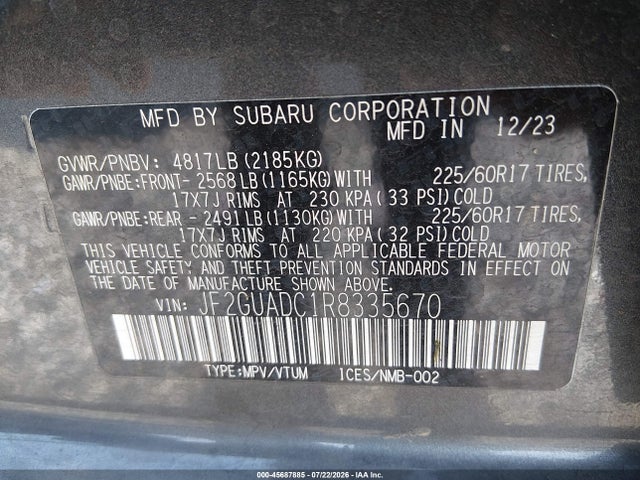 Продажа на аукционе авто 2024 Subaru Crosstrek Premium, vin: JF2GUADC1R8335670, номер лота: 45687885