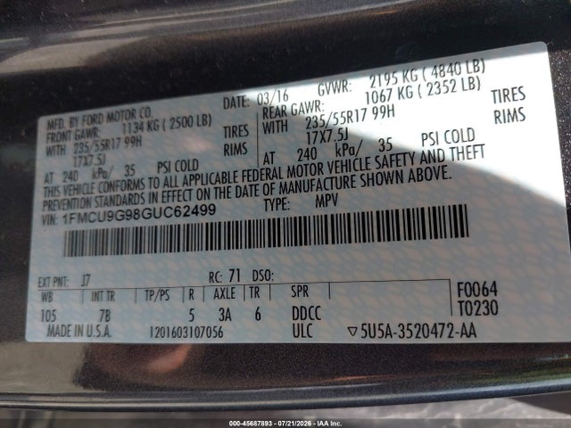 Ford ESCAPE SE 2016 1FMCU9G98GUC62499 Image 9